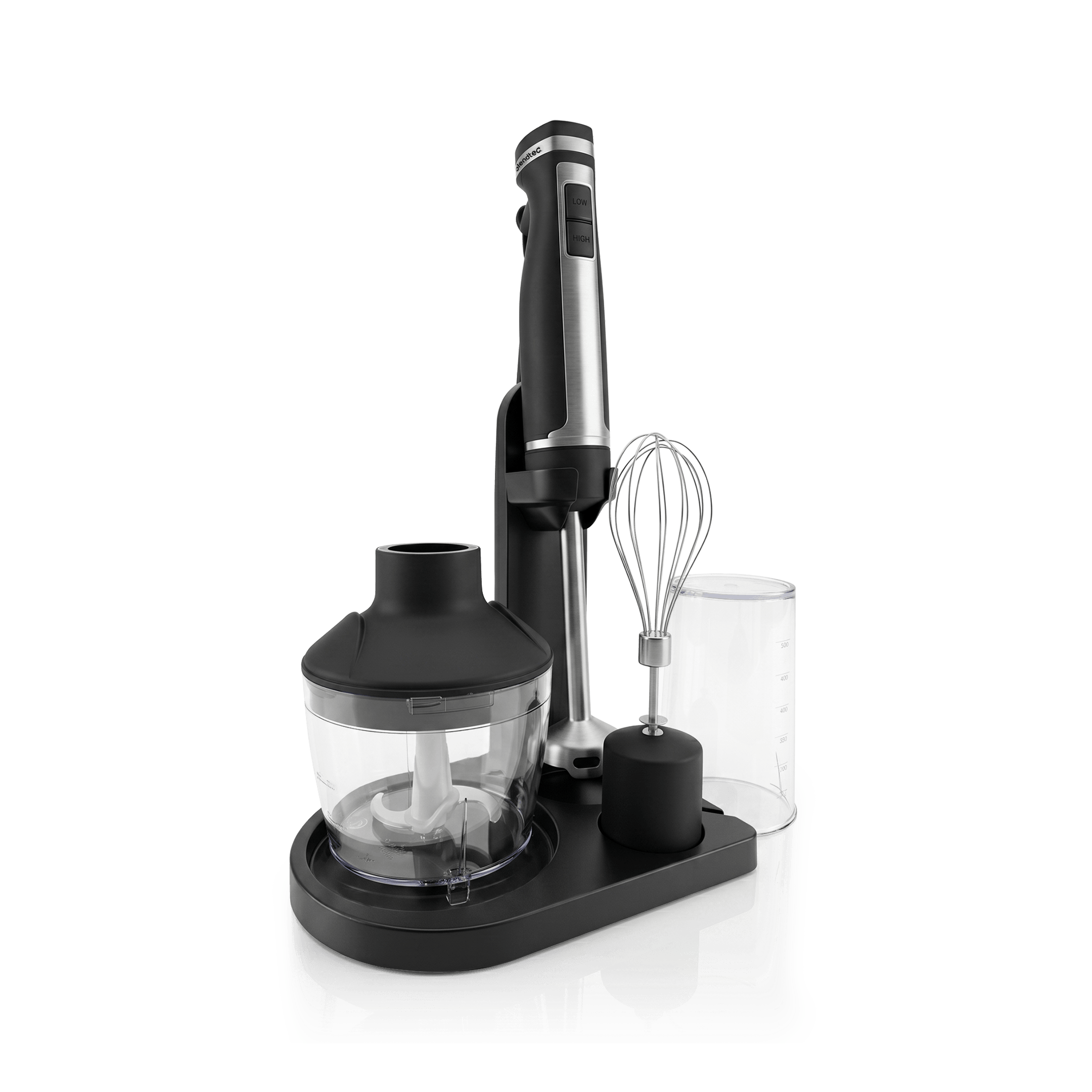 Blendtec Black and Stainless immersion blender kit with blending wand, whisk, chopping attachment, two jars and storage tray