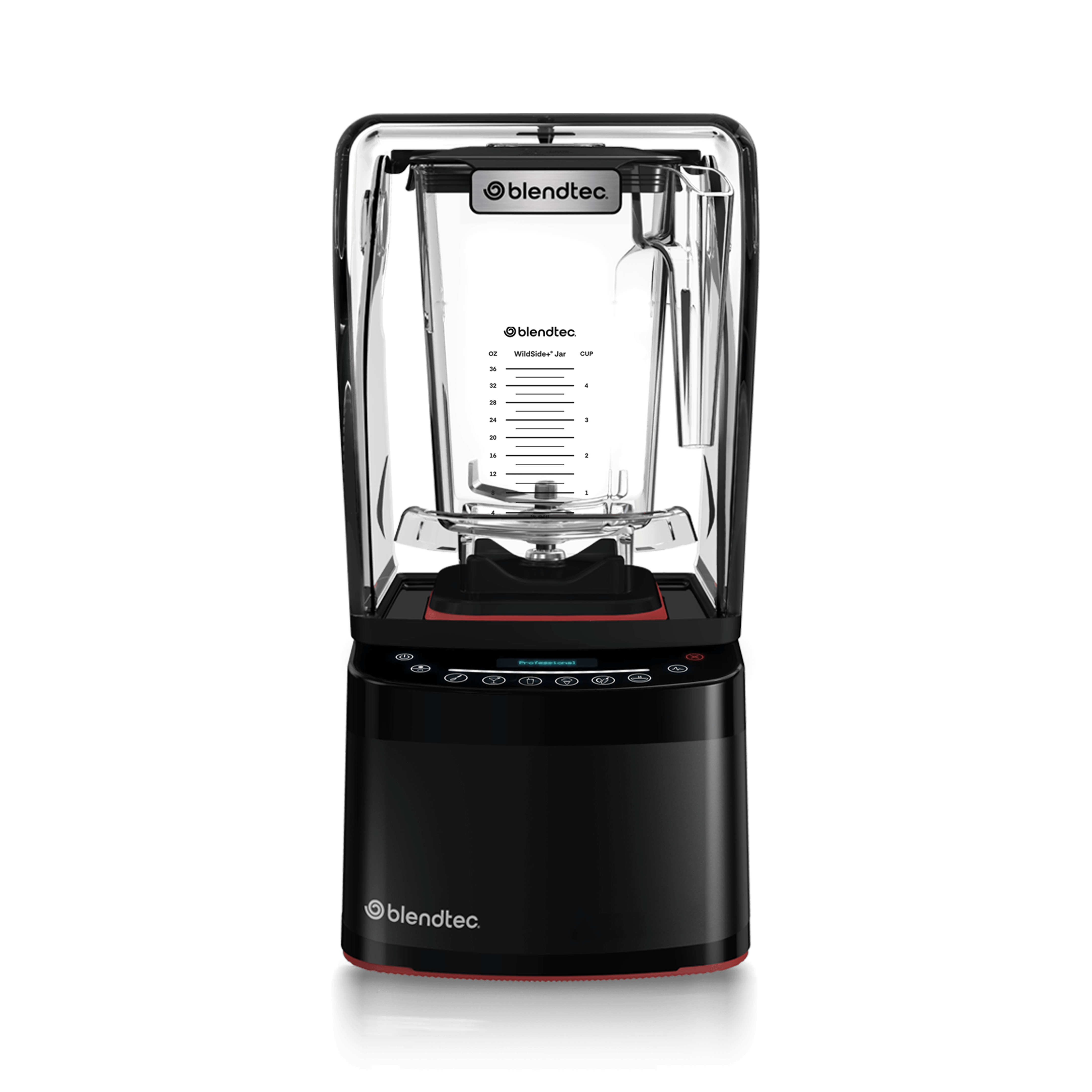 Blendtec Professional 800 with its clear sound enclosure, black base and WildSide+ jar.