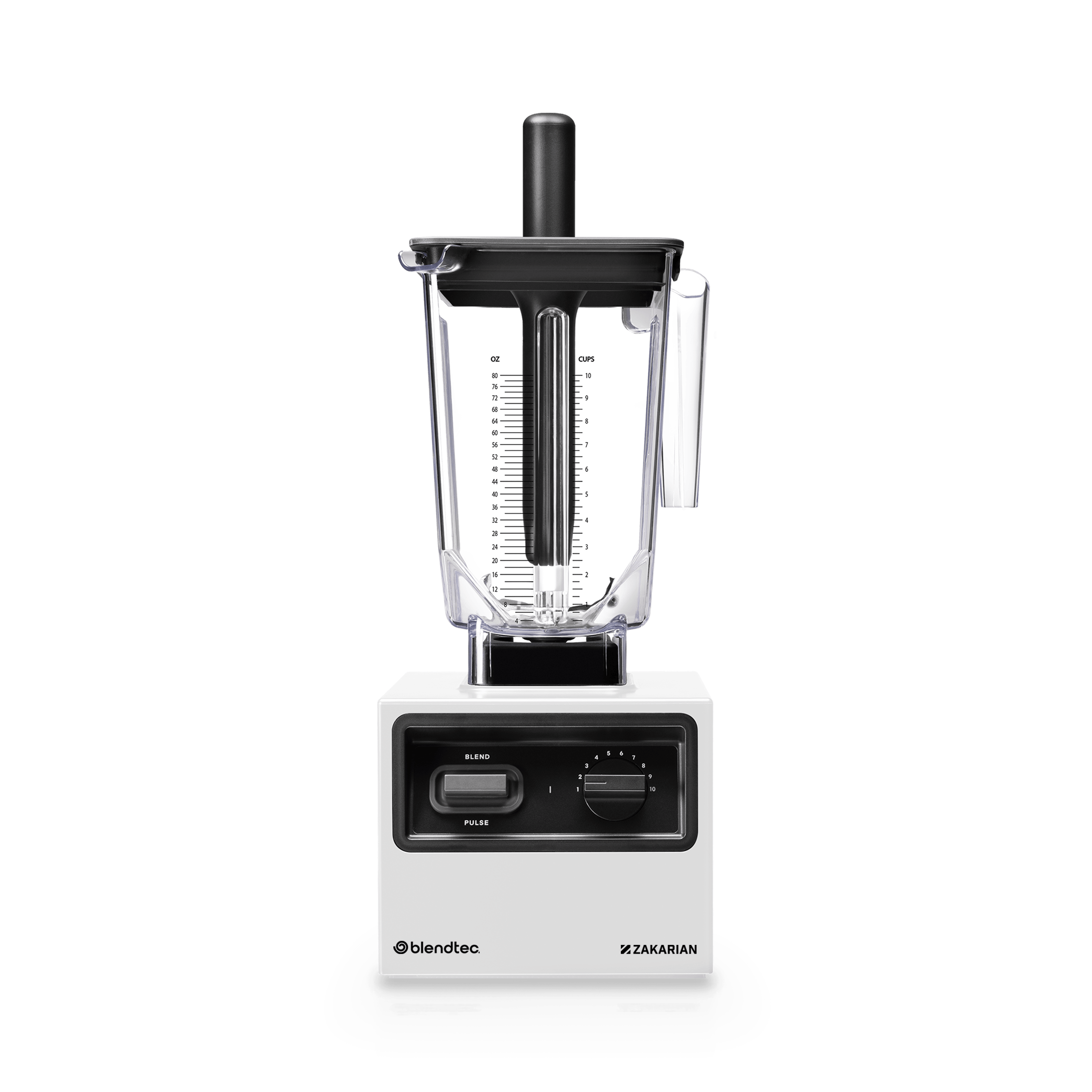 Blendtec Zakarian Pro open-base blender with large clear jar and black numbered speed dial, shown in a transparent-background manufacturer render