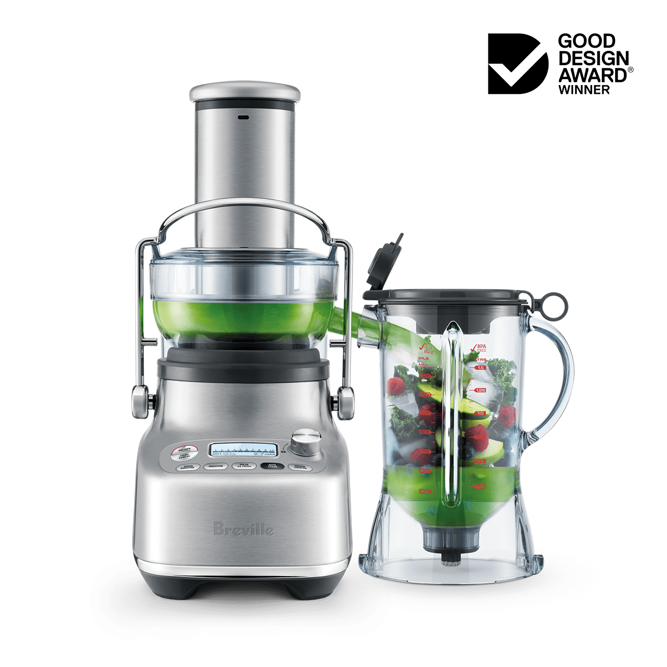 Breville 3X Bluicer Pro BJB815 in Brushed Stainless Steel with its juicer assembly and separate 50-ounce blending jug.