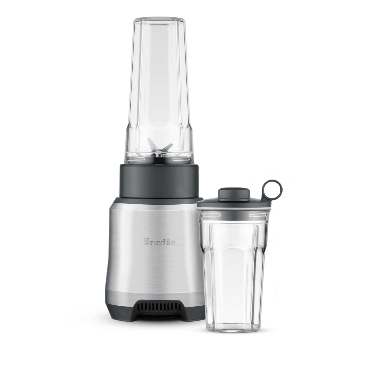 Breville Boss To Go BPB600BALUSC in Brushed Aluminum with its two standard tumblers.