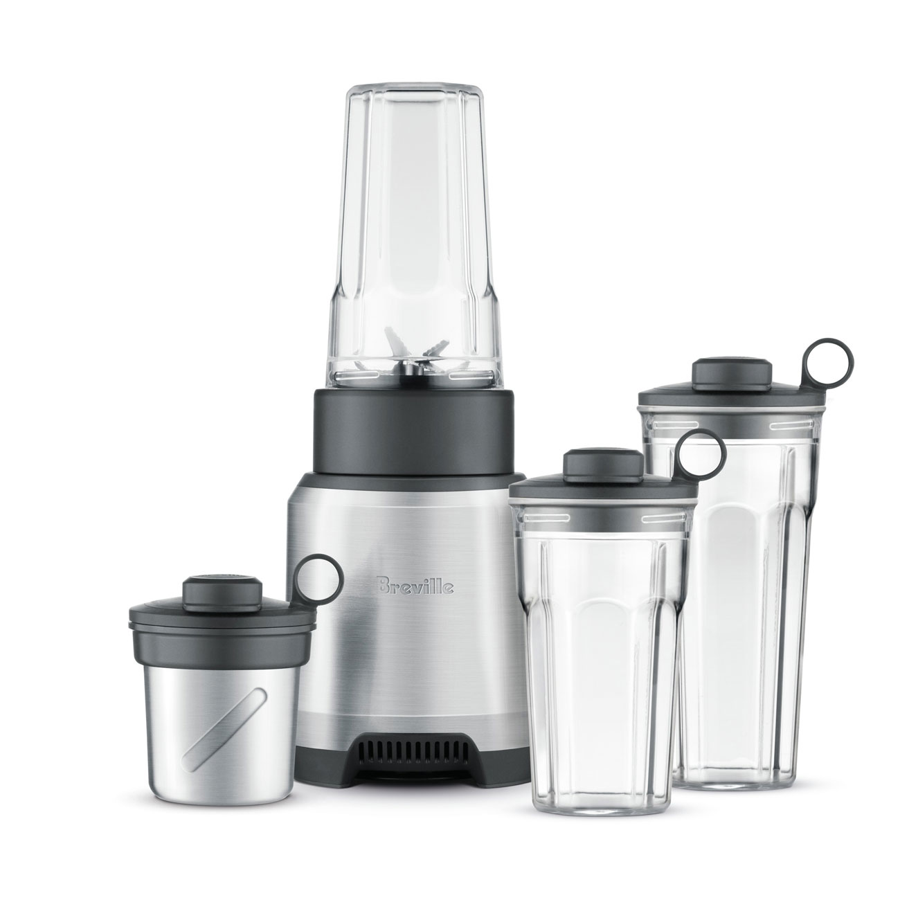 Breville Boss To Go Plus Australian BPB620BAL base with three portable cups and a separate stainless-steel grinder container