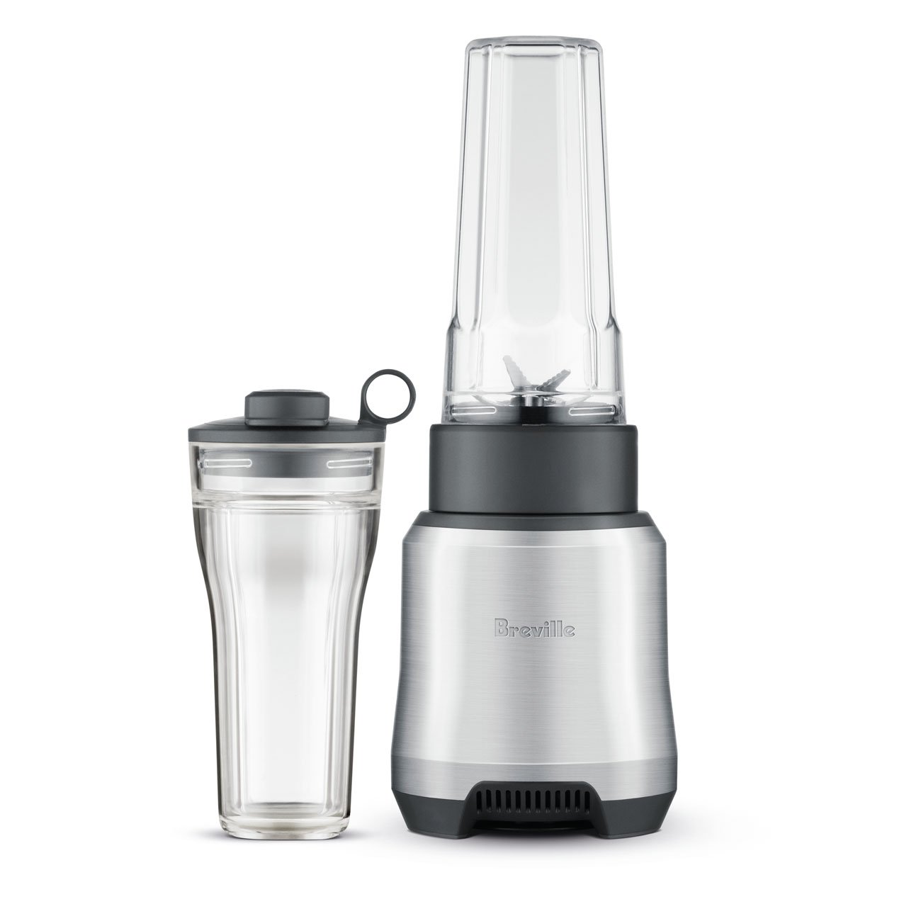 Breville Boss To Go Sport BPB610BALUSC in Brushed Aluminum with the standard tumbler and smaller insulated sport cup.