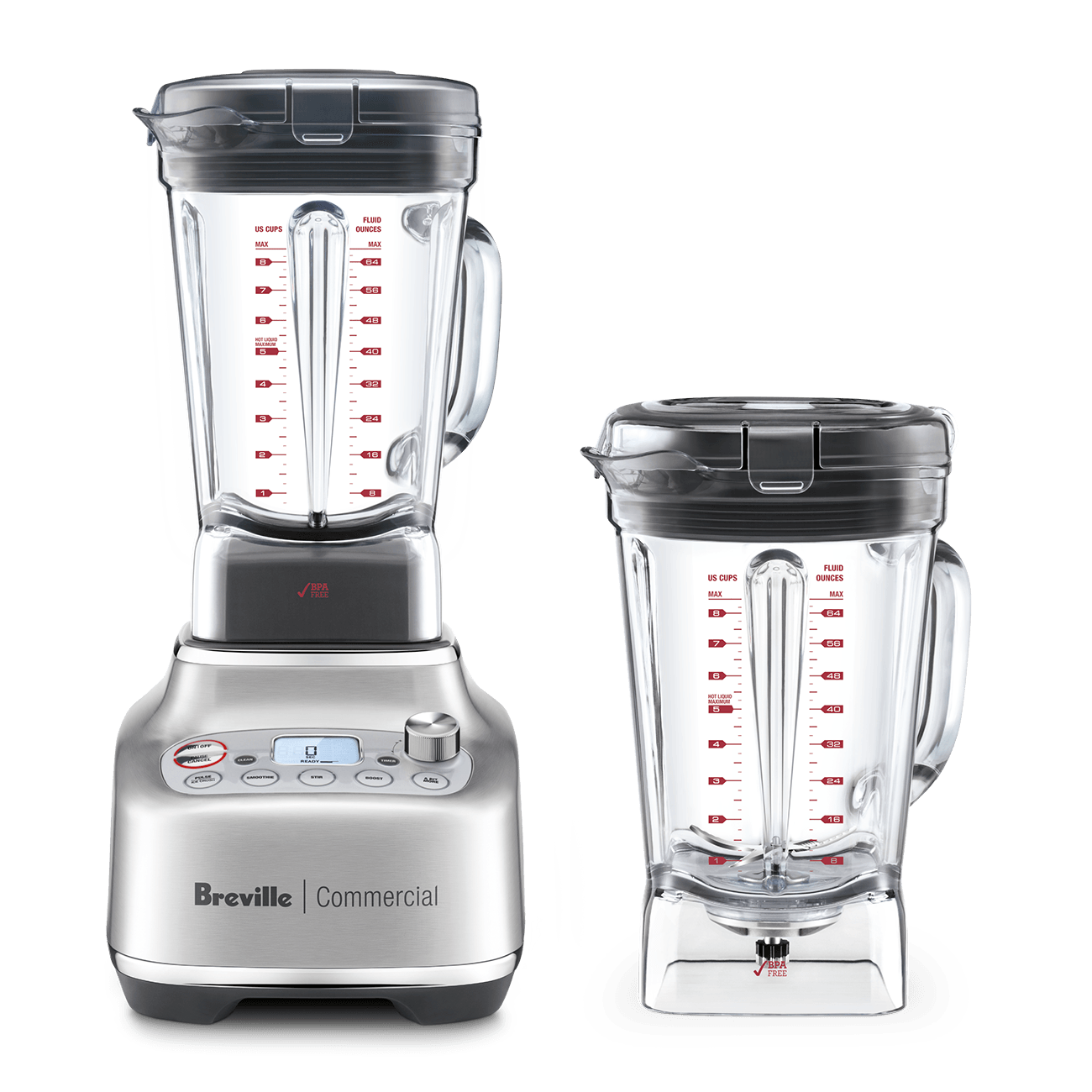 Breville Super Q Pro CBL920 in Brushed Stainless Steel with one 68-ounce jug on its base and a second separate 68-ounce jug.