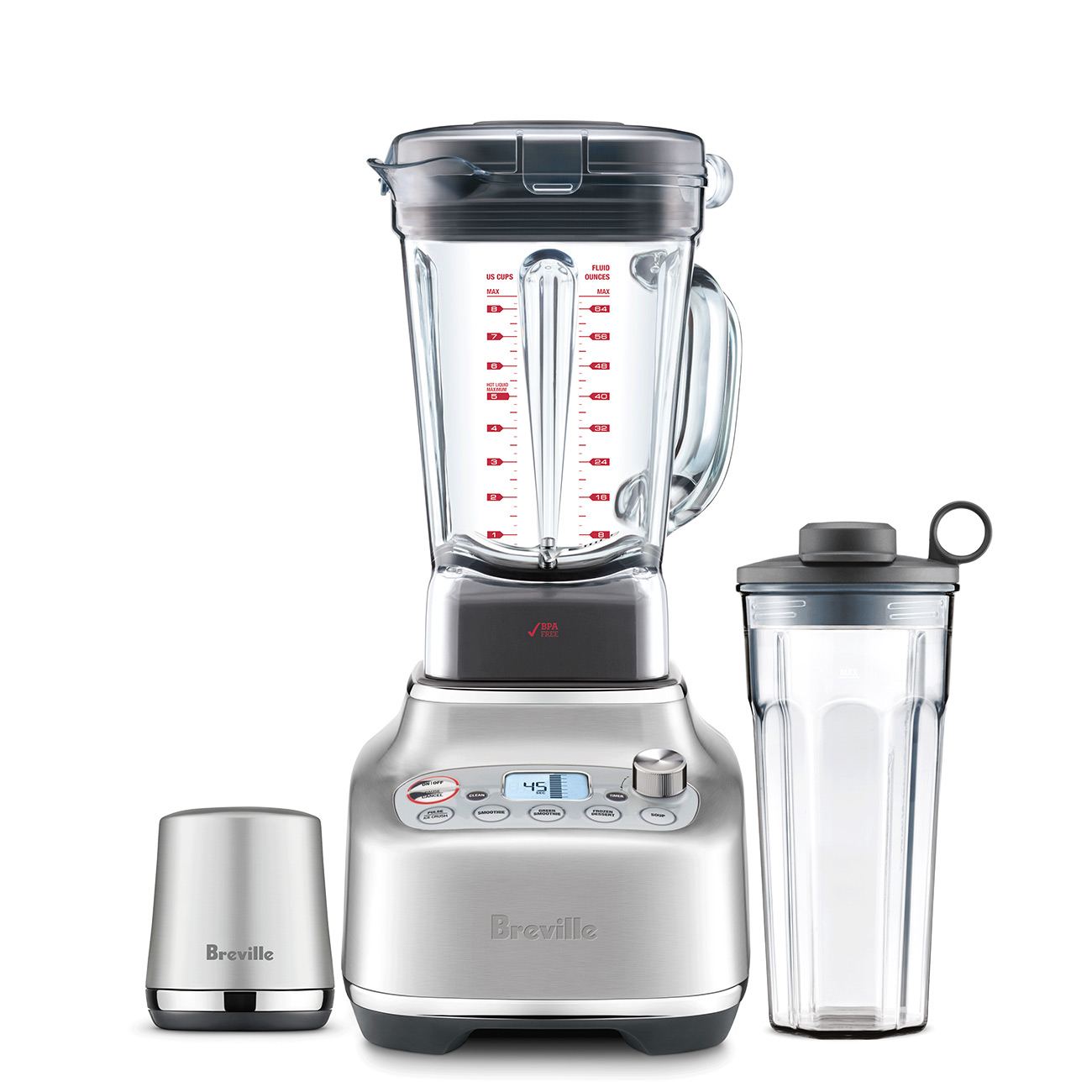 Breville Super Q mit Vac Q BBL925BSS2BAN1, Referenzabbildung für den australischen Markt aus gebürstetem Edelstahl; zu sehen sind Gerätesockel, Mixbehälter, persönlicher Becher und Vakuumpumpe.