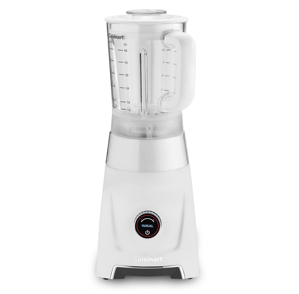 White Cuisinart Hurricane BL-200 base with its single clear 48-ounce glass jar and lid