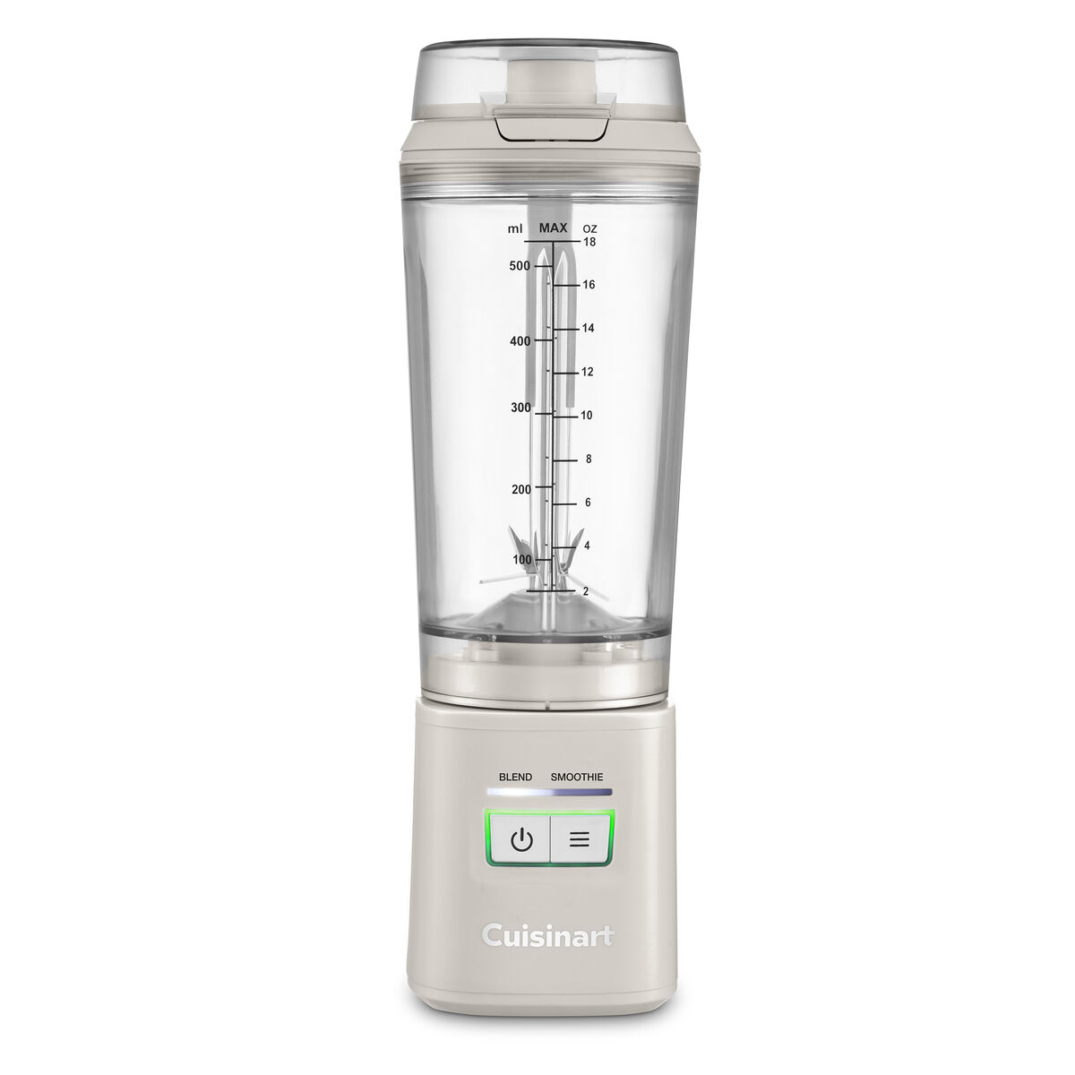 Cuisinart PBL-100 cordless blender with the graduated 18-ounce cup attached to its rechargeable base