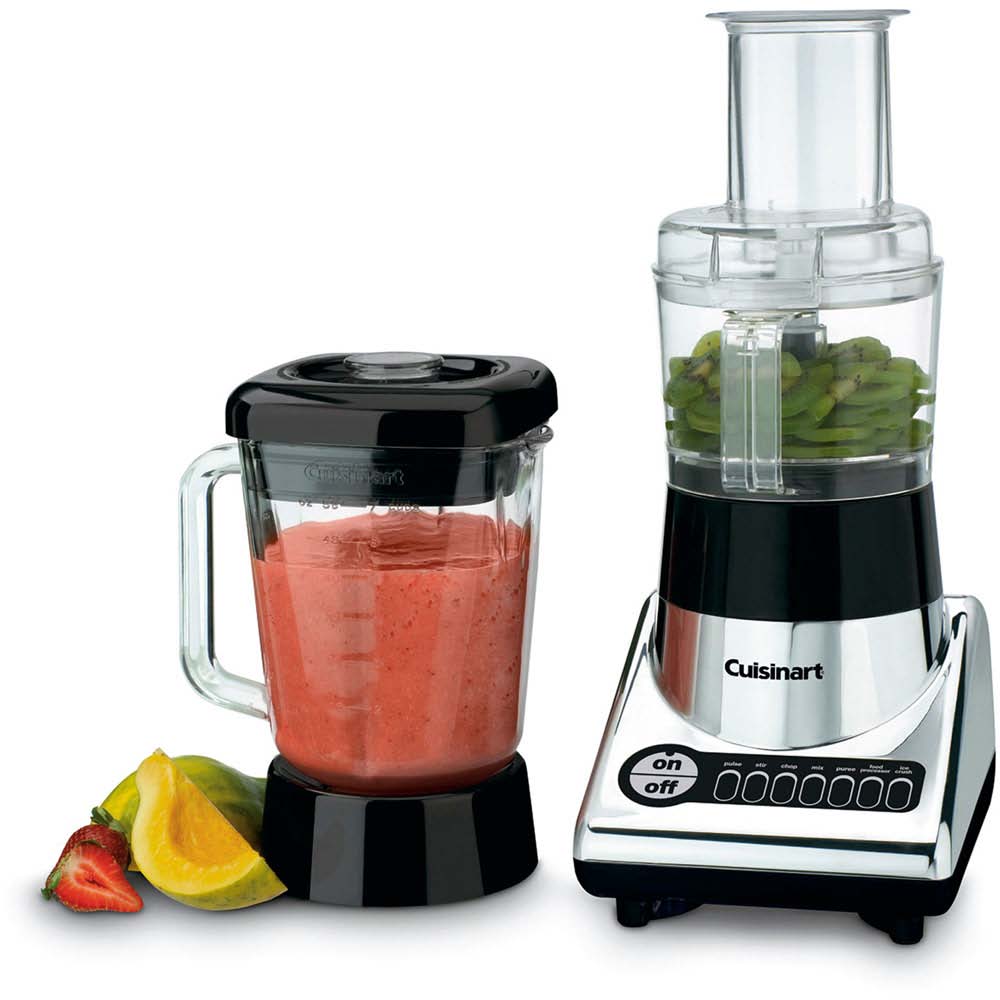 Cuisinart PowerBlend Duet BFP-10CH Chrome shown in separate glass-jar blender and three-cup food-processor setups