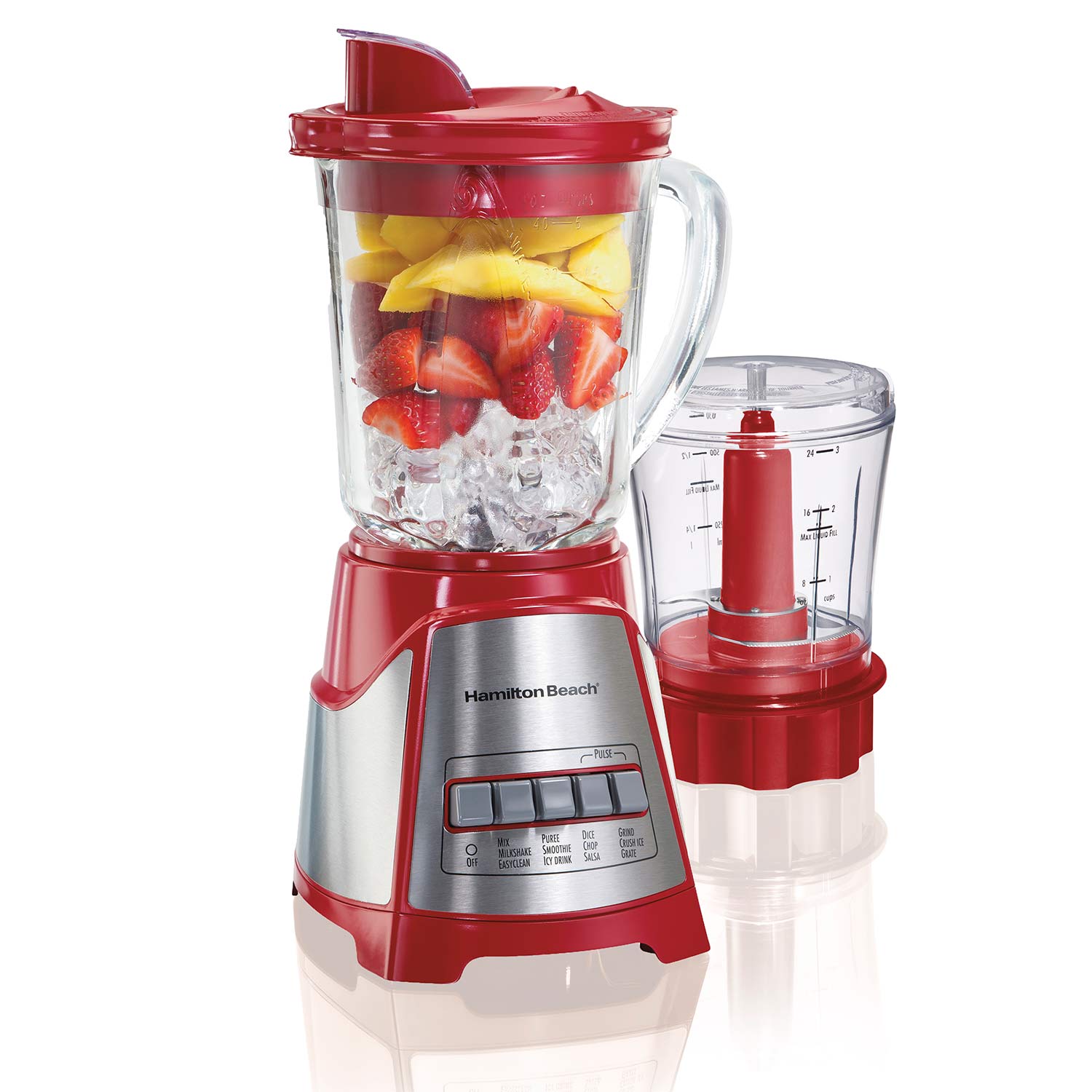 Hamilton Beach 58144 red 12-function blender with its 40-ounce glass pitcher and separate three-cup chopper bowl