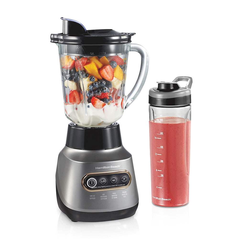 Hamilton Beach 2-in-1 Blender with Travel Jar 58181J showing the silver/black base, glass pitcher and personal jar