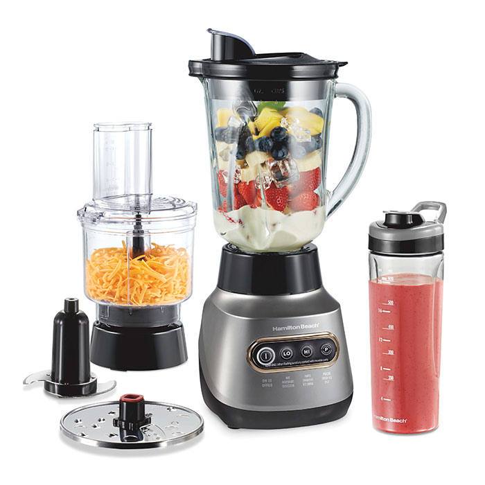 Hamilton Beach 53800FJ base shown with a glass pitcher, separate processor setup and personal jar; image is a manufacturer reference.