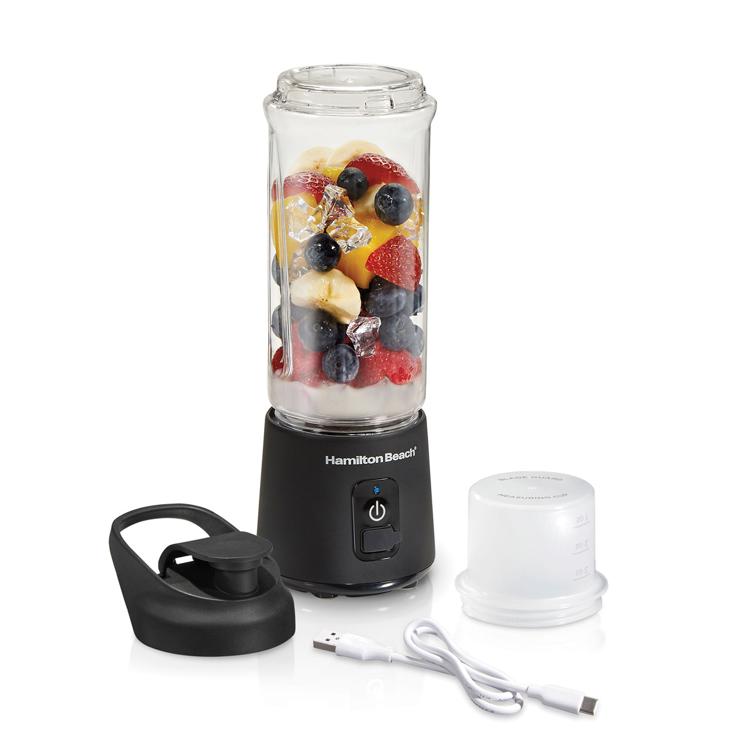 Hamilton Beach Blend Now 51180J Black cordless blender with its jar, travel lid, blade guard and USB cable