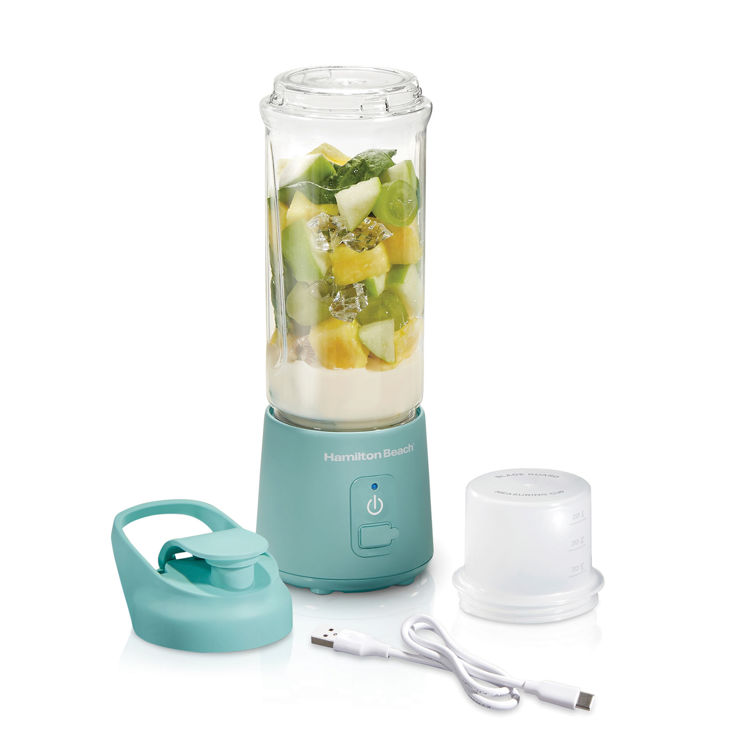 Hamilton Beach Blend Now Aqua 51182 and 51182J cordless blender with its jar, travel lid, blade guard and USB cable