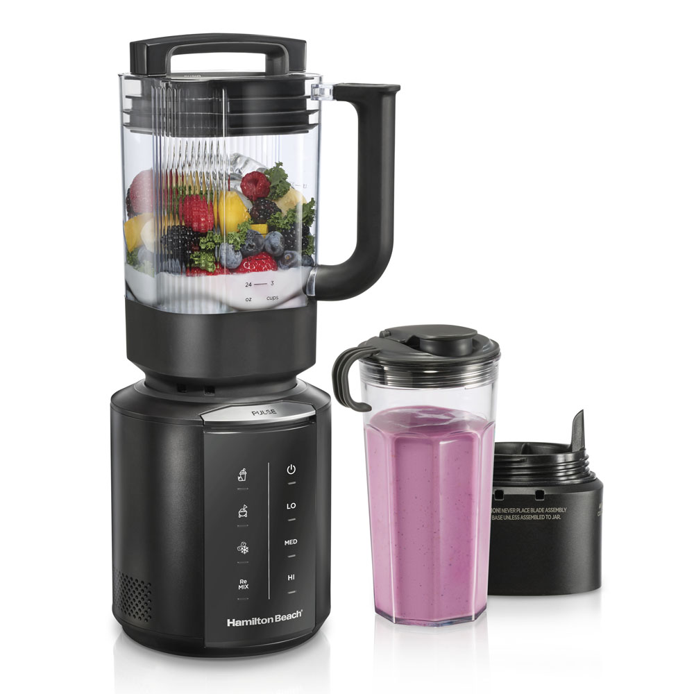 Hamilton Beach 58700 Blend & Store system with FreshPress pitcher, control base, personal jar and blade holder; styled ingredients are not proof of box contents.