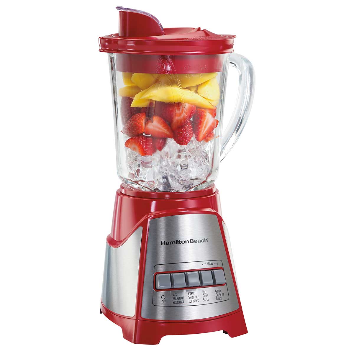 Hamilton Beach ensemble 58147 red base and one 40-ounce glass pitcher.