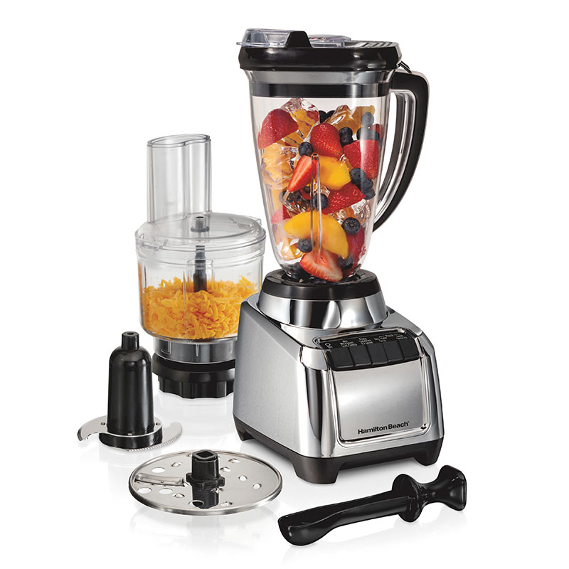 Hamilton Beach MultiBlend 53520J base with a blender pitcher and separate food-processor bowl and attachments shown.