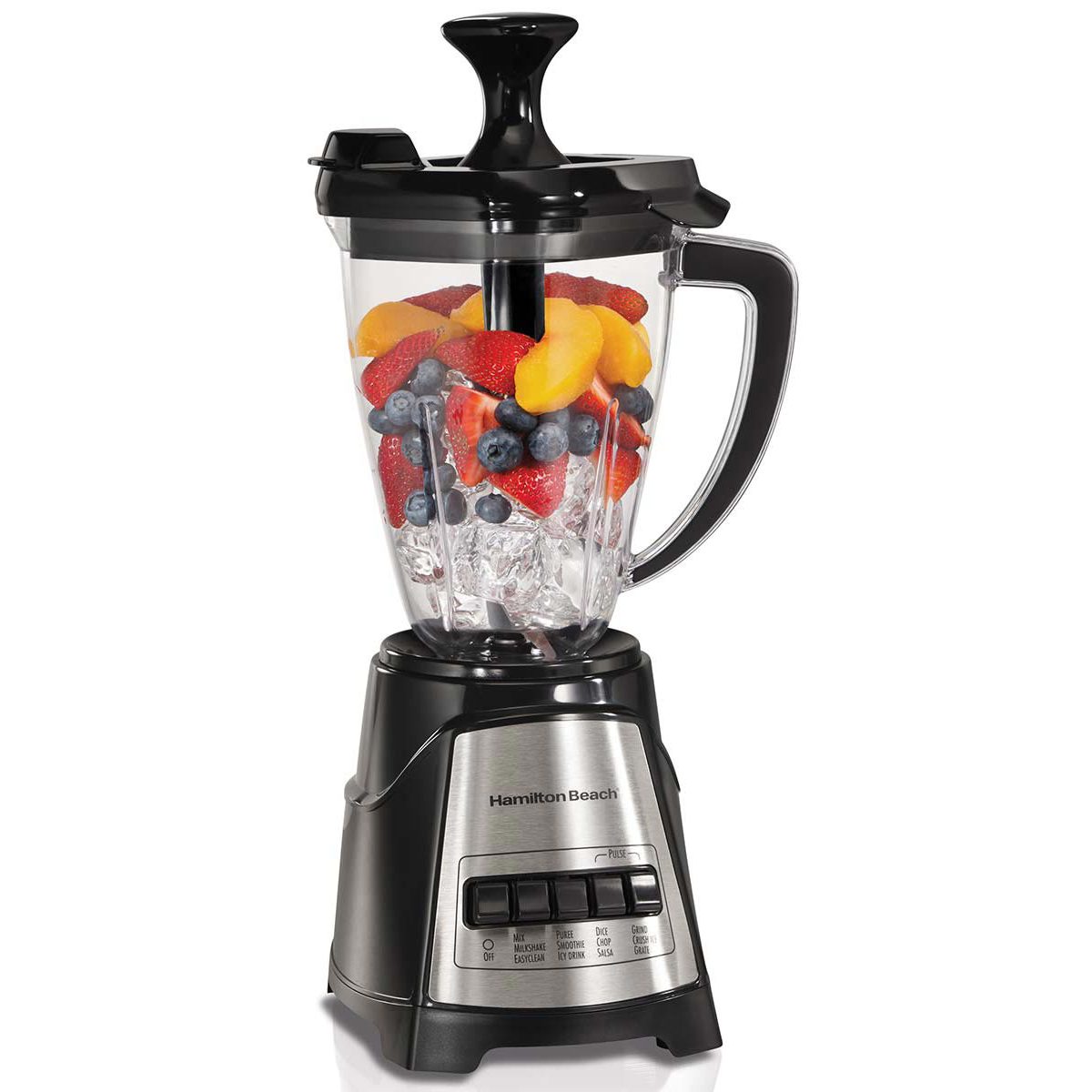 Hamilton Beach MultiBlend 58158 mit einem durchsichtigen Tritan-Mixbehälter 48-ounce, Rührlöffel und schwarzer Edelstahlbasis mit gruppierten Funktionstasten.