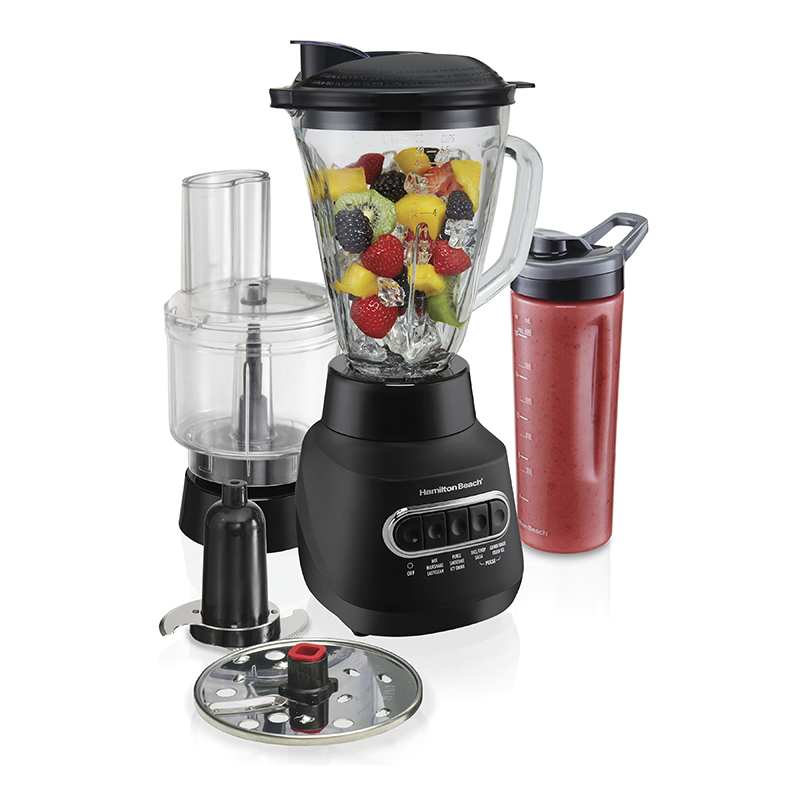 Hamilton Beach MultiBlend Kitchen System model 58176G with glass pitcher, processor parts and personal jar