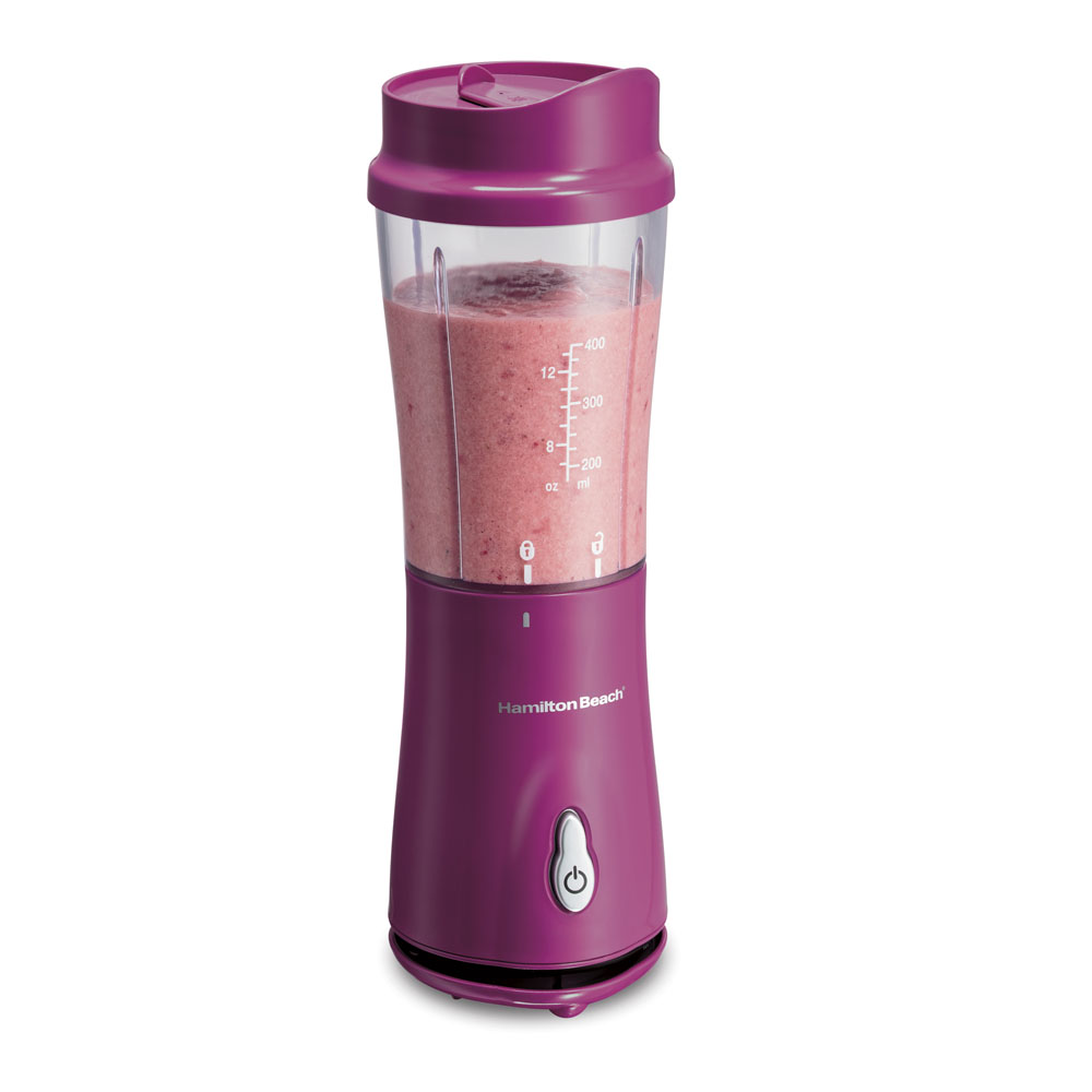 Hamilton Beach 51131G Raspberry personal blender with its travel jar