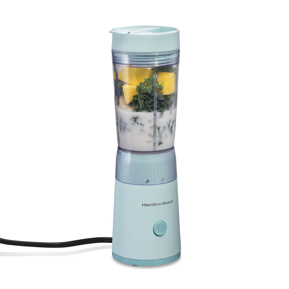 Hamilton Beach Personal Blender 51192G in Ice Blue with its sealed blending jar