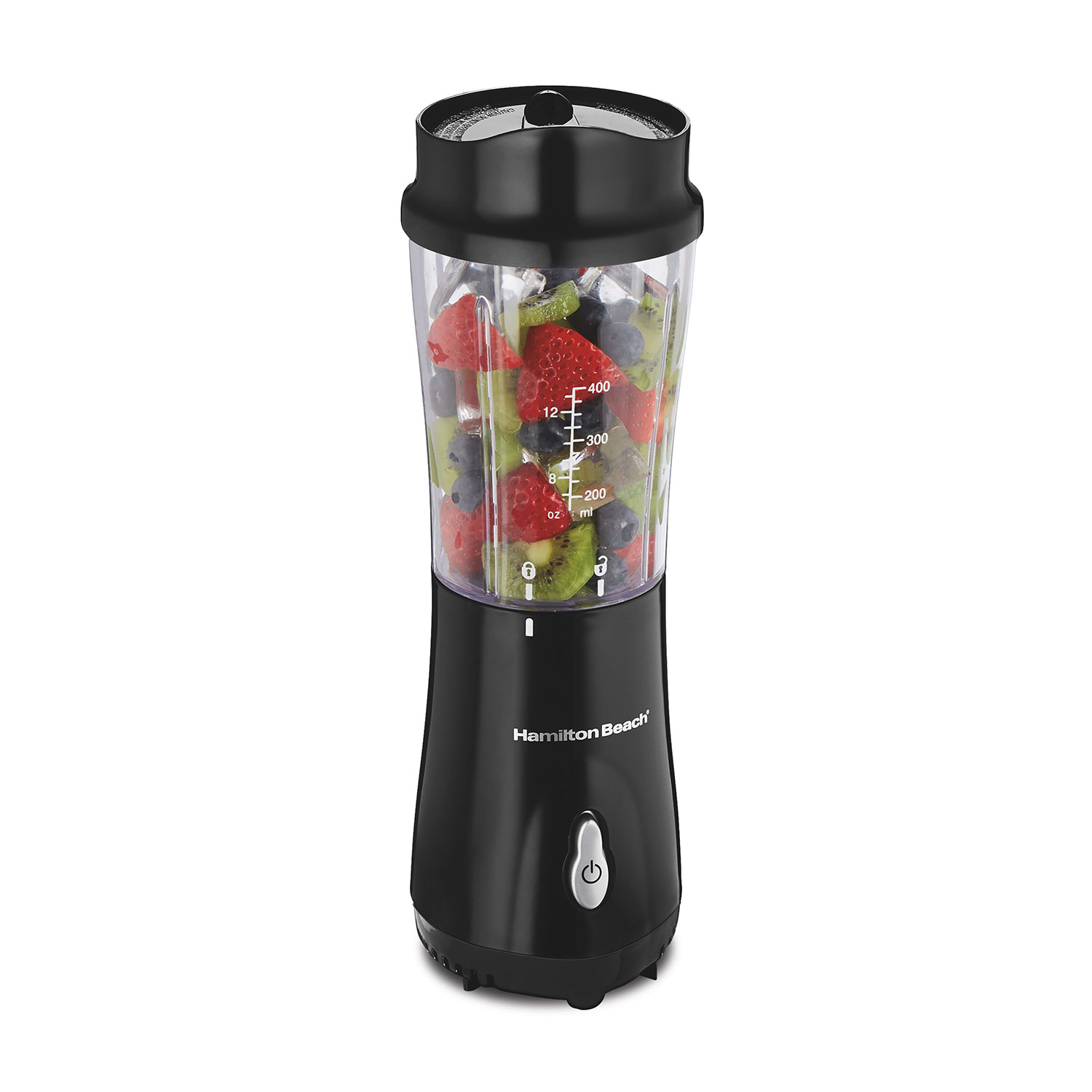 Hamilton Beach Personal Creations 51101AV with its clear travel cup and black motor base; staged fruit is not included.