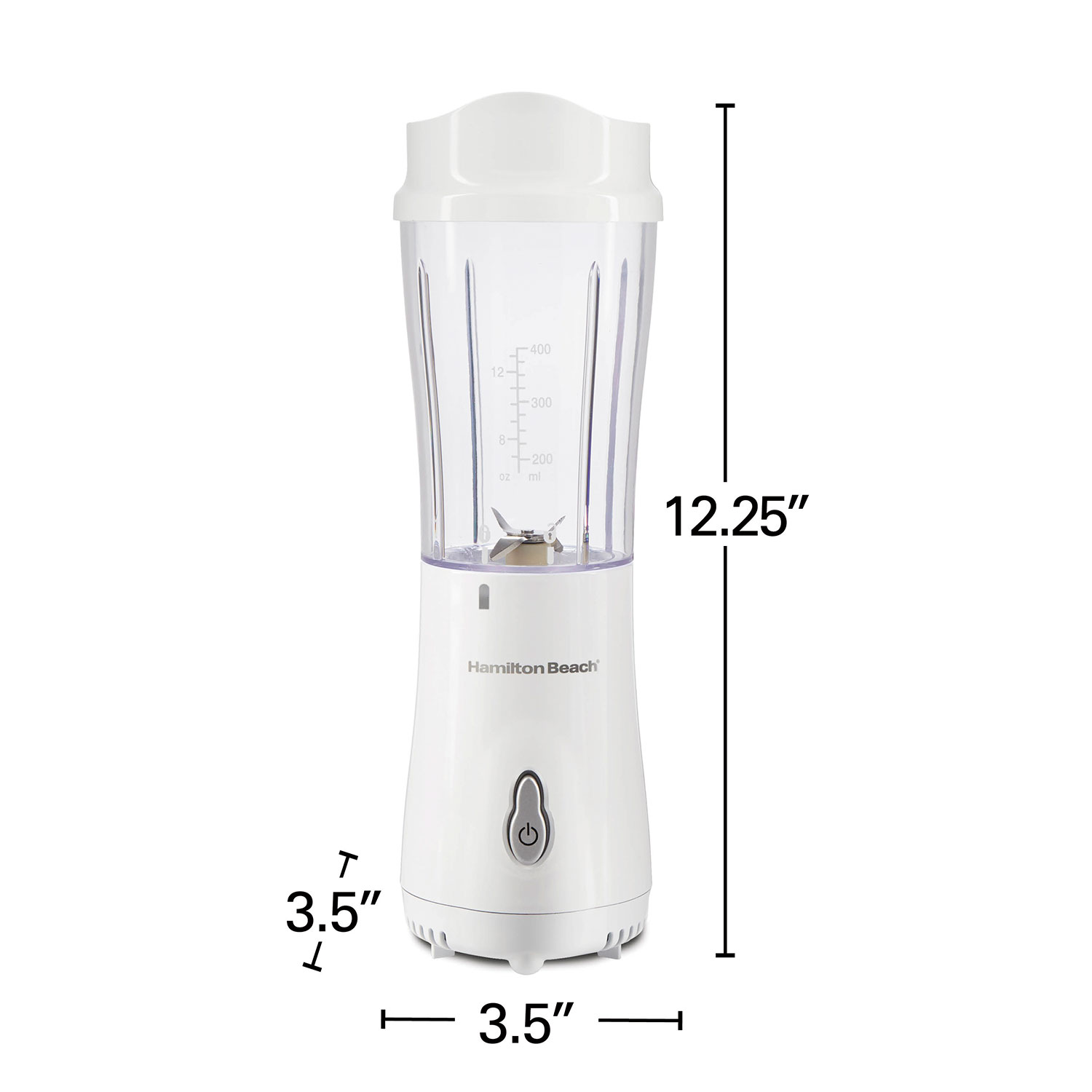Hamilton Beach Personal Creations 51101G personal blender with jar and travel lid, shown with dimensions