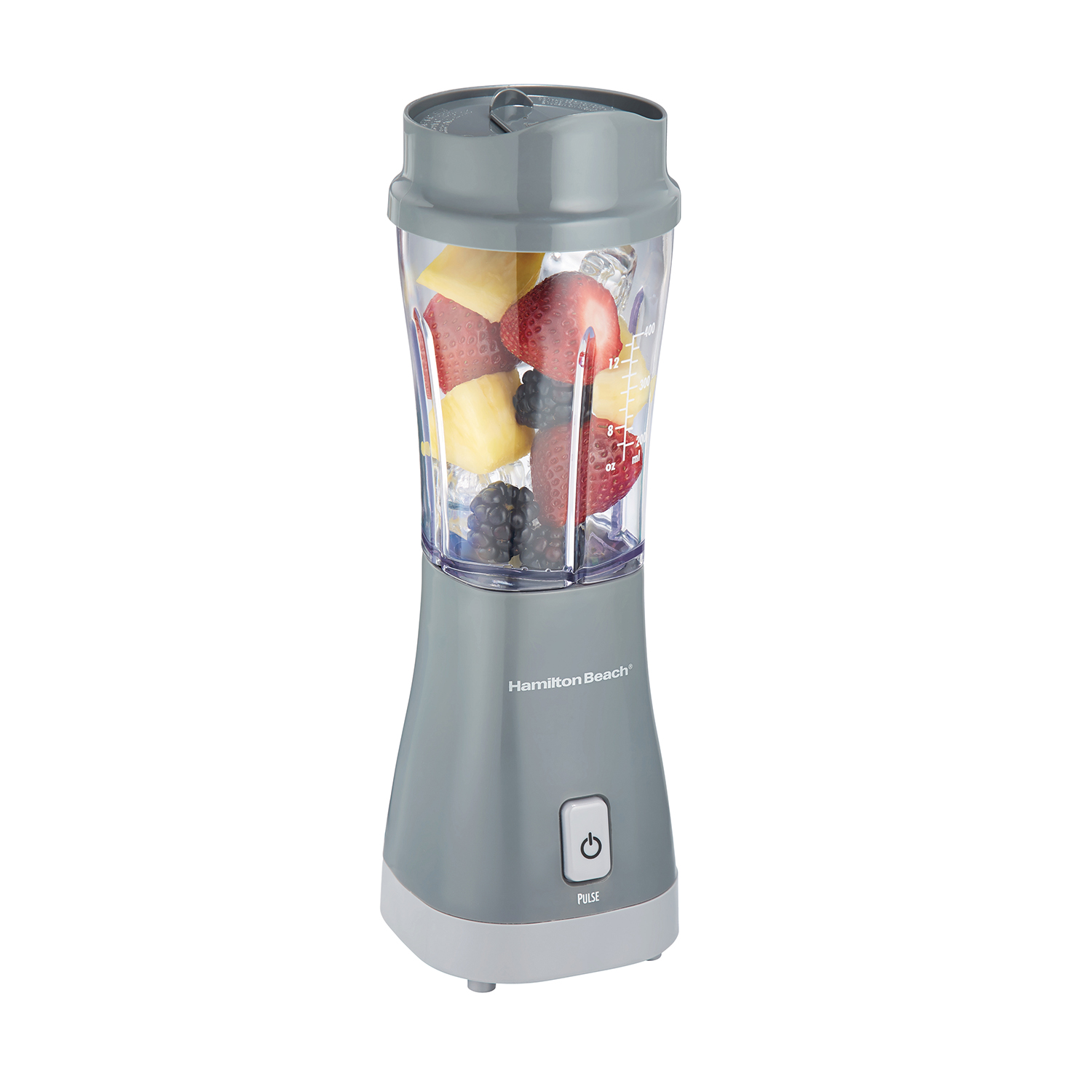 Hamilton Beach 51128FG exact manufacturer image of the personal blender and 14-ounce travel jar; staged ingredients are not package evidence.