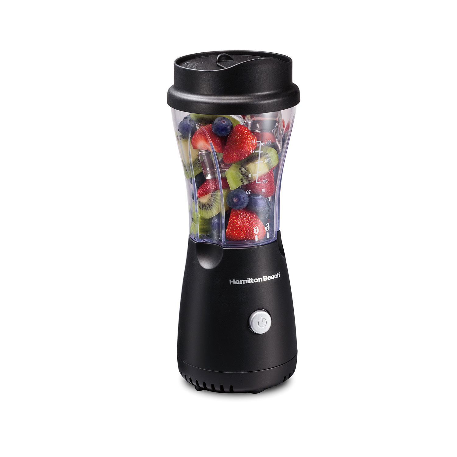 Hamilton Beach 51146G exact manufacturer Personal Creations blender and travel jar; staged fruit is not package evidence.
