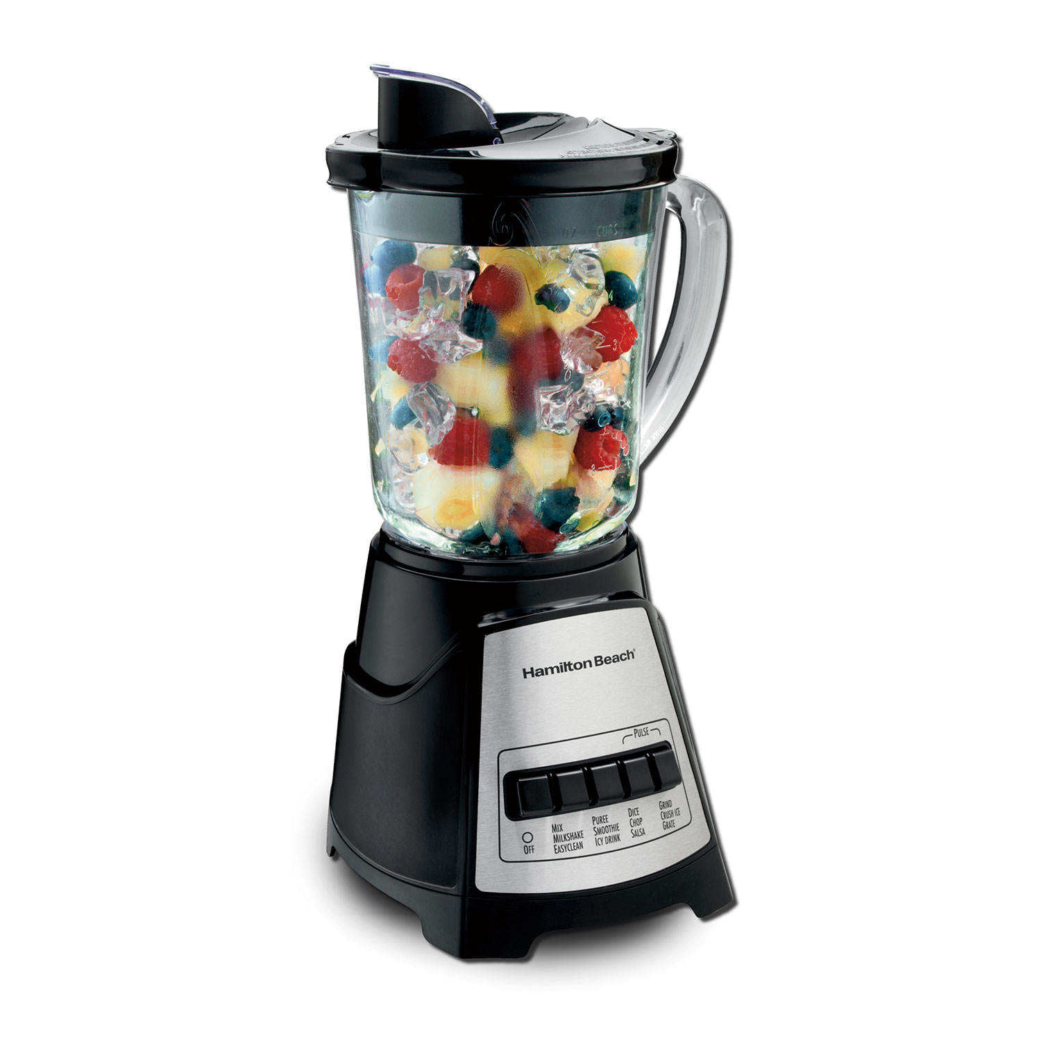 Hamilton Beach Power Elite 58148AG black-and-stainless base with glass pitcher; the brown box itself is not pictured.