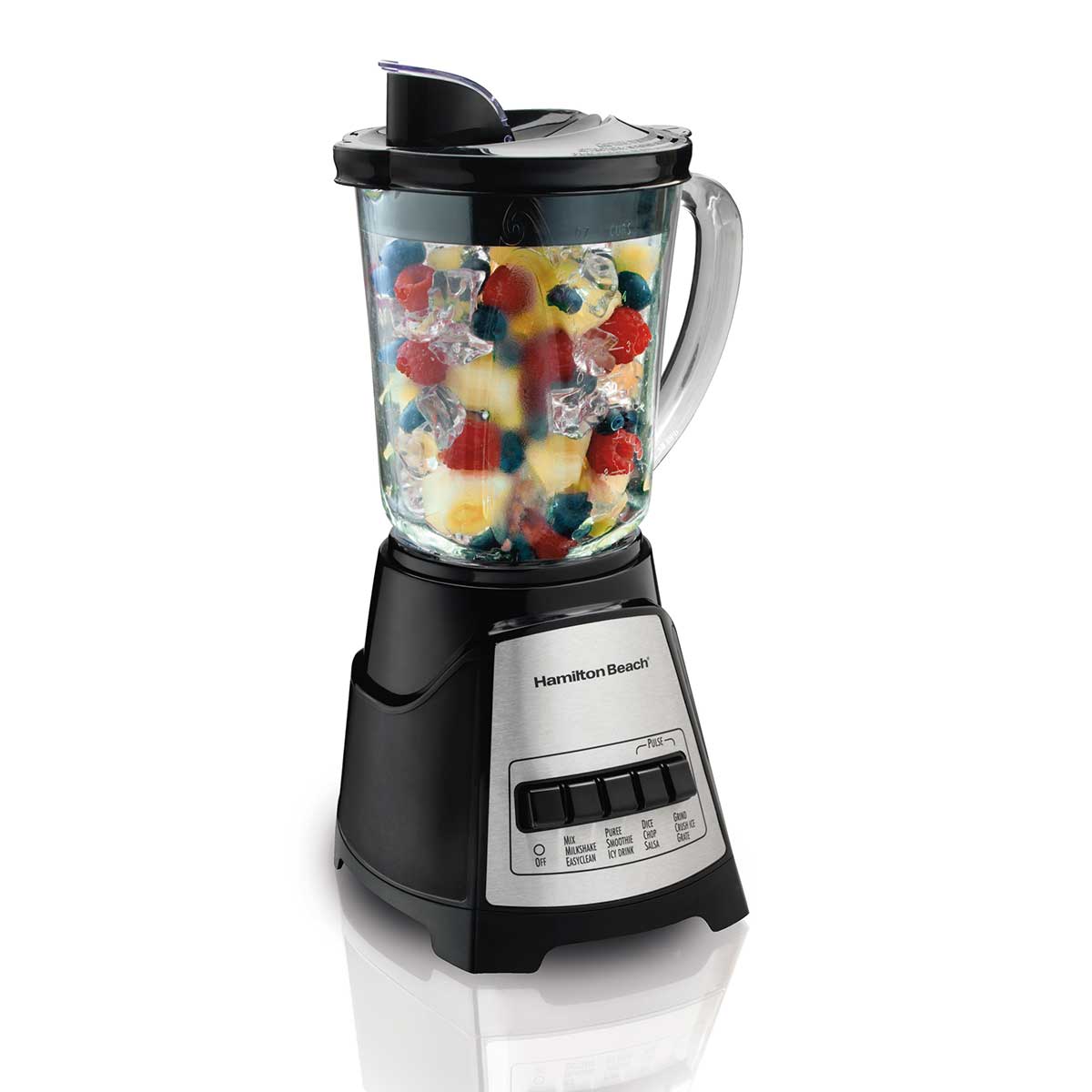 Hamilton Beach Power Elite 58148G black-and-stainless base with one 40-ounce glass pitcher; food in scene is staged.