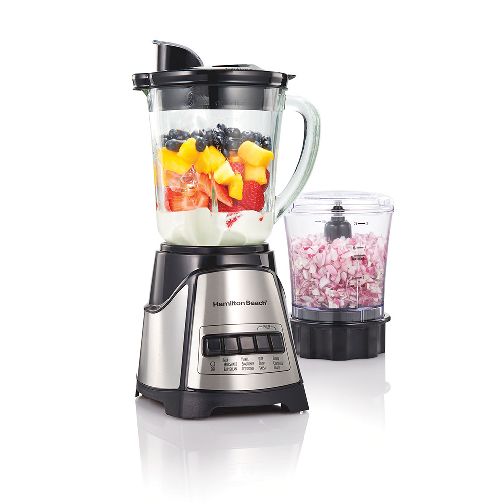 Hamilton Beach 58149J blender with separate 3-cup chopper bowl; foods shown are staged.