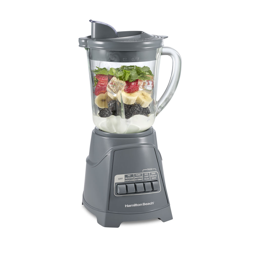 Hamilton Beach Power Elite 58153J gray base with glass pitcher; staged ingredients are not package contents.