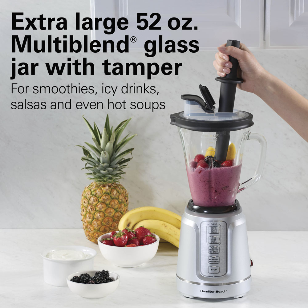Exact manufacturer image of Hamilton Beach PowerBlend Duo Silver 54505J with 52-ounce glass pitcher and tamper; styled foods are not package evidence.