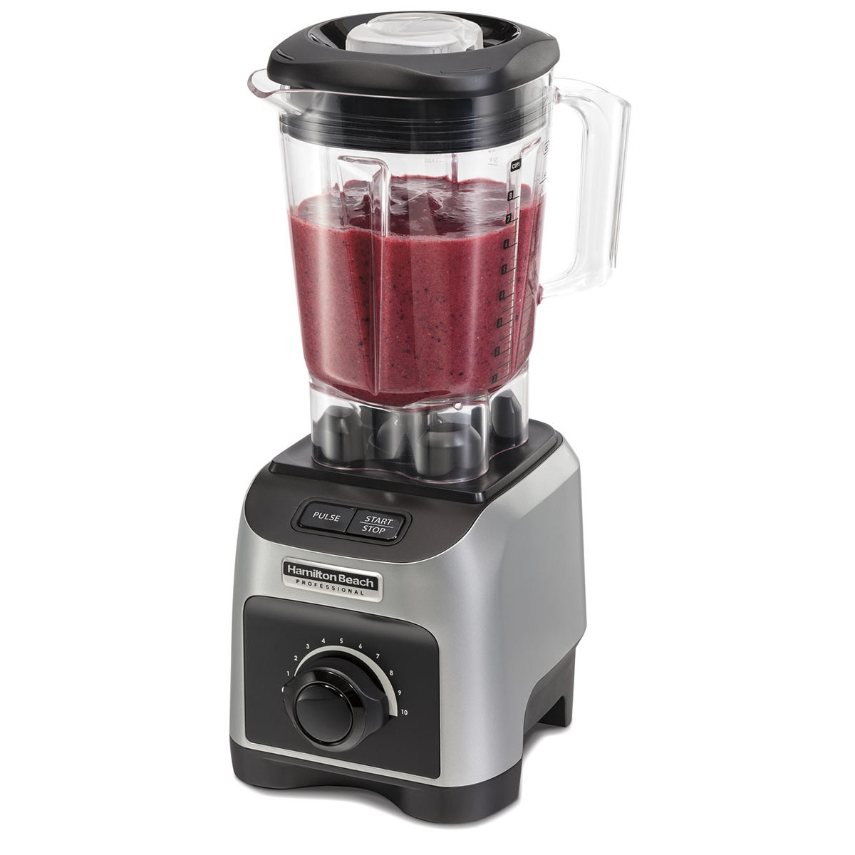 Silberfarbener Sockel des Hamilton Beach Professional 58800 mit einem durchsichtigen Mixbehälter samt Deckel, Start/Stop- und Pulse-Tasten sowie einem Geschwindigkeitsregler mit den Positionen 1–10.