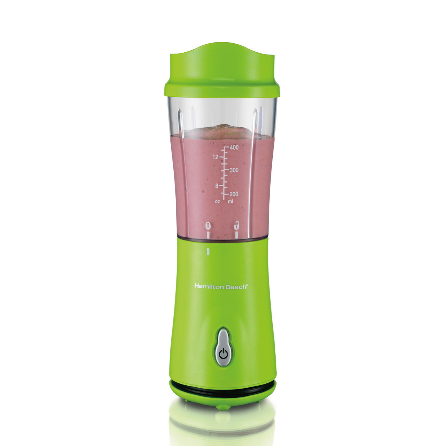 Grüner Einzelportionsmixer Hamilton Beach 51126 mit Becher und To-go-Deckel.