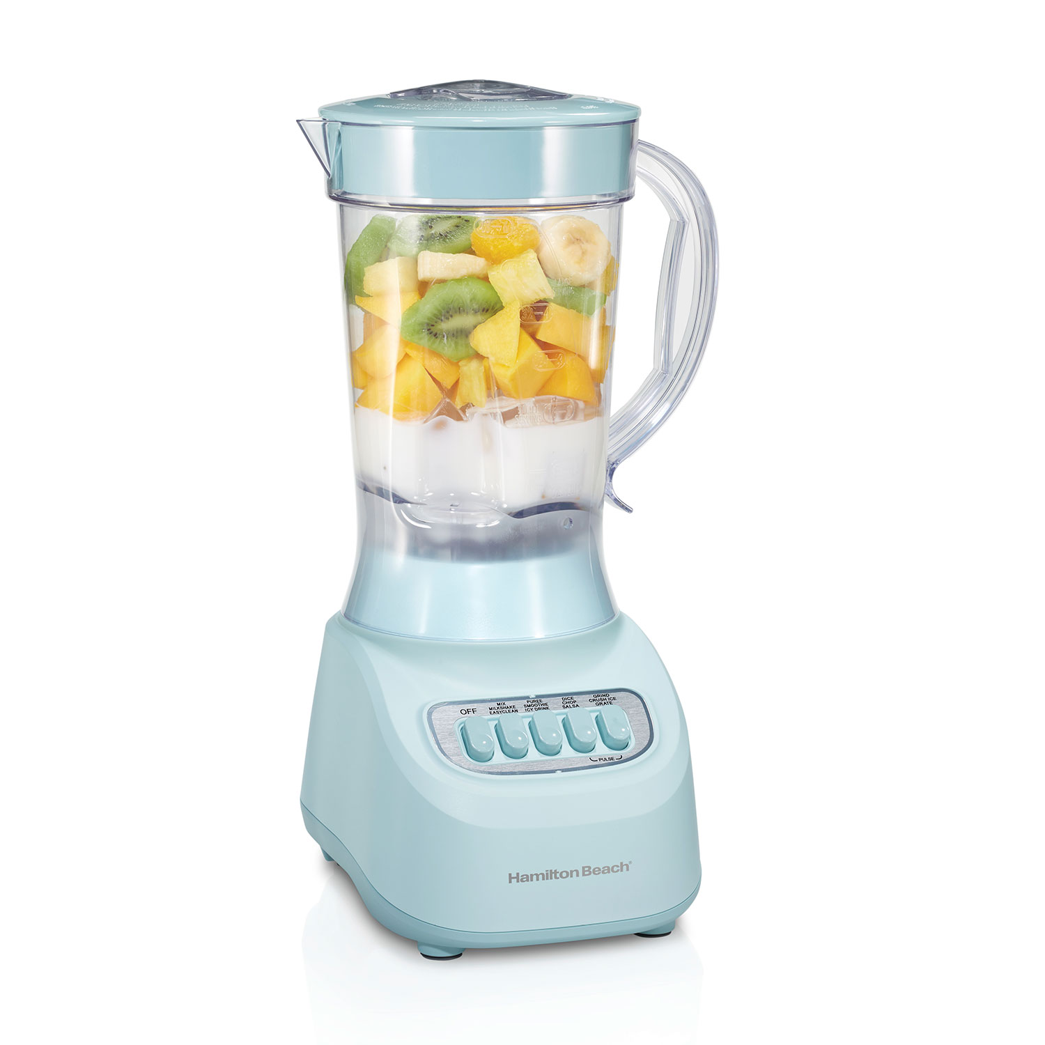 Mint Hamilton Beach Smoothie Blender, exact codes 50182FG and 50182FJ; staged fruit is not included-item evidence.