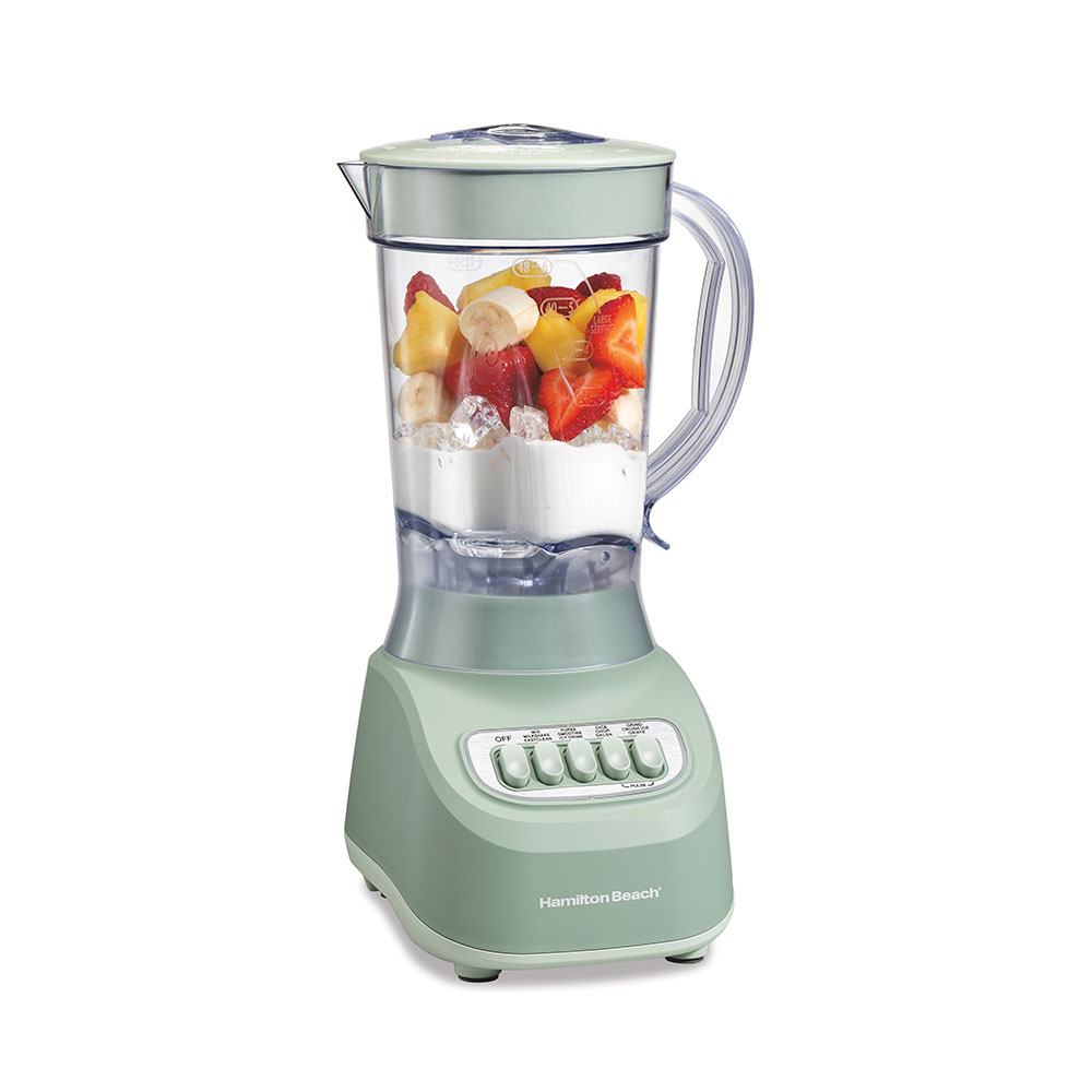 Sage-green Hamilton Beach Smoothie Blender, exact codes 50183F and 50183FJ; staged fruit is not included-item evidence.