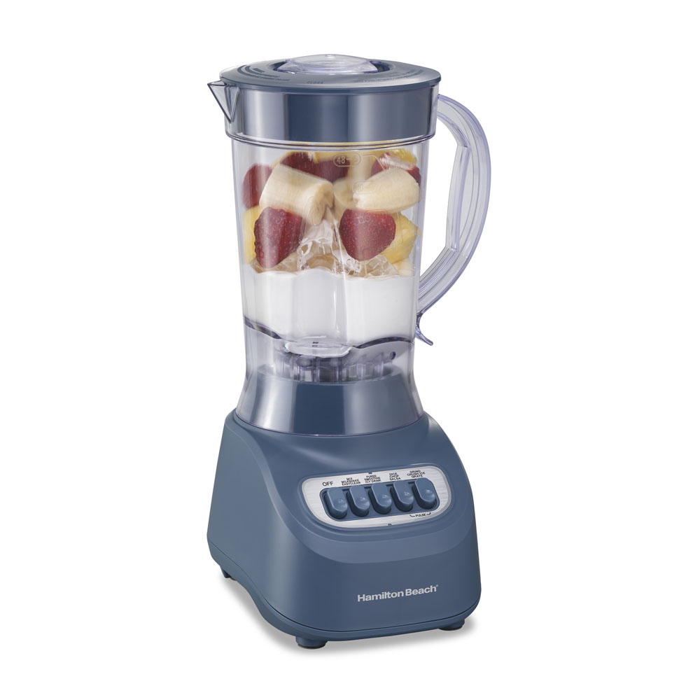 Steel-blue Hamilton Beach Smoothie Blender 50184J with one nominal 48-ounce pitcher and five-button panel; staged ingredients are not package-item evidence.