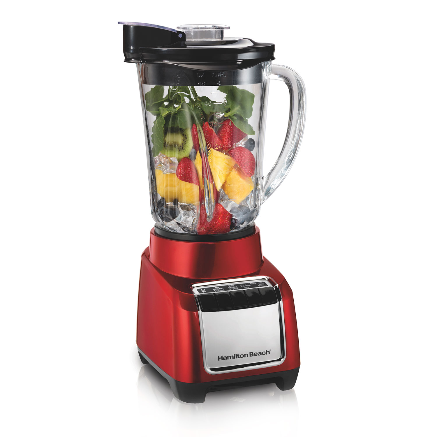 Hamilton Beach red Wave-Action blender with a marked glass jar and stir spoon/tamper