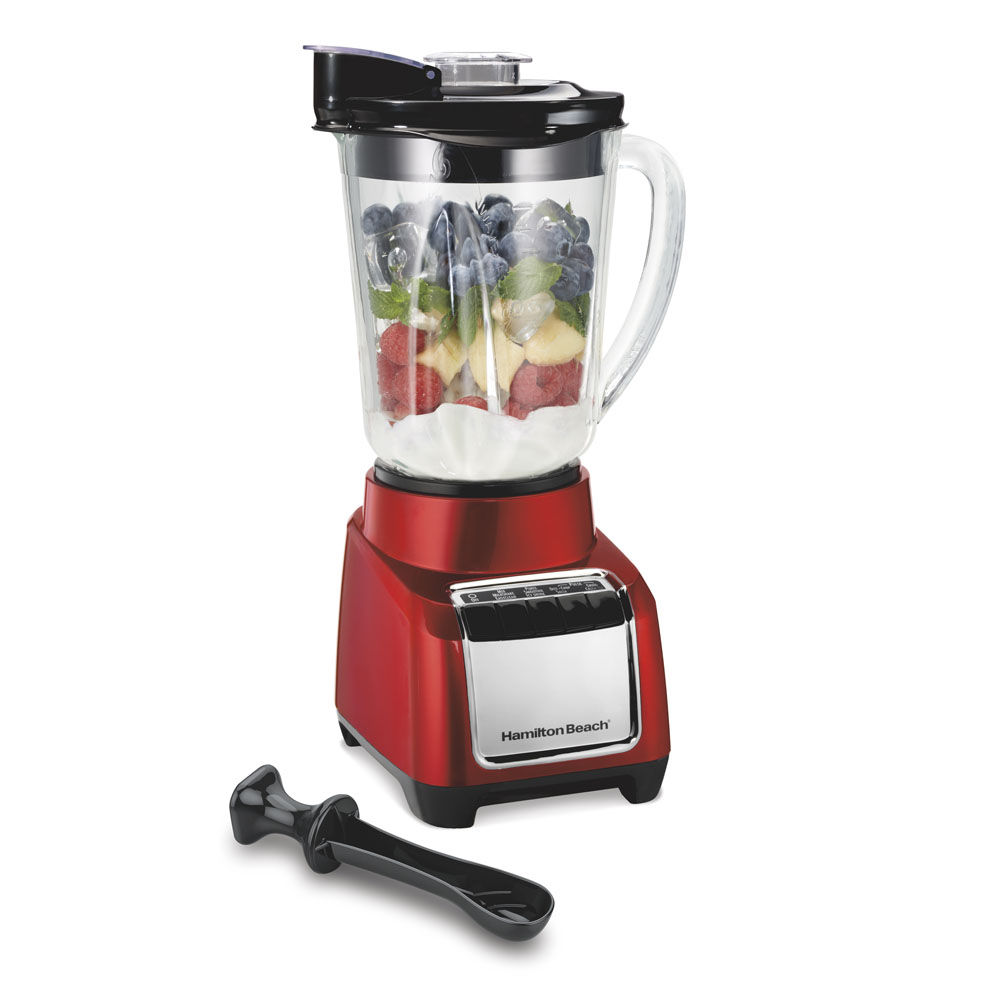 Red Hamilton Beach Wave~Action 53519J base with one glass pitcher and tamper; staged food is not package contents.