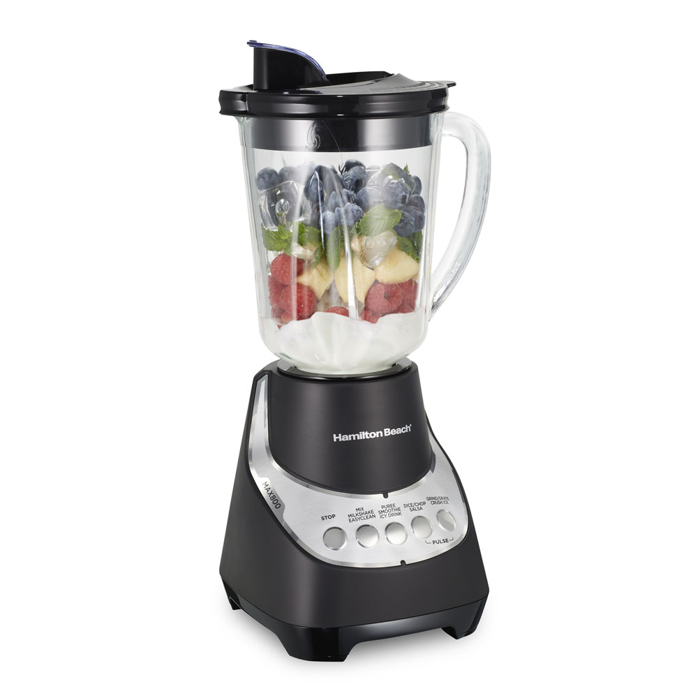 Black Hamilton Beach Wave-Action Quiet Blender 53530J with a 48-ounce glass pitcher; other exact family pages identify black 53530FG, red 53531J and white 53532J.