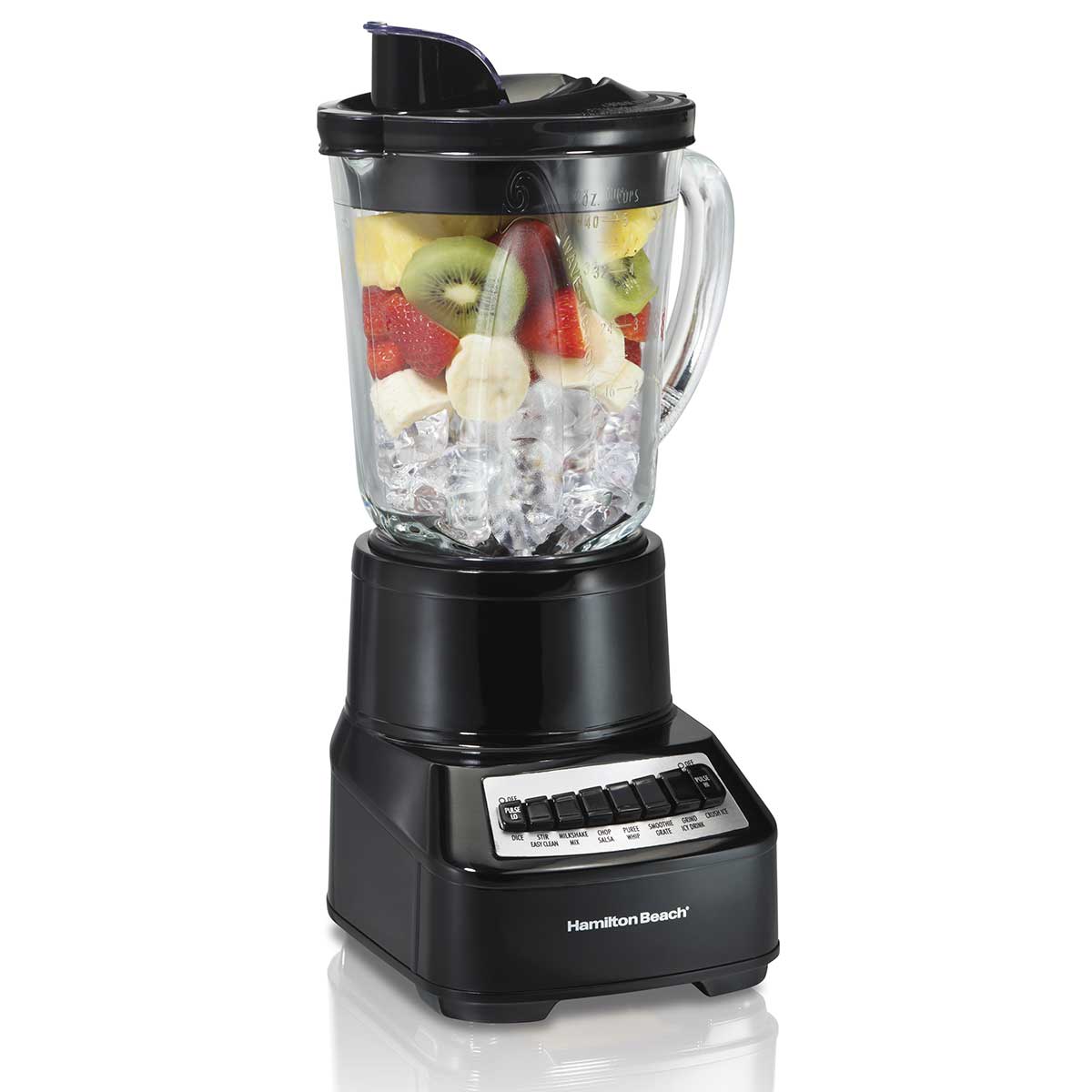 Hamilton Beach Wave Crusher black 54220/54220G base with one 40-ounce glass pitcher; exact 54221/54221G finish is black with stainless trim.