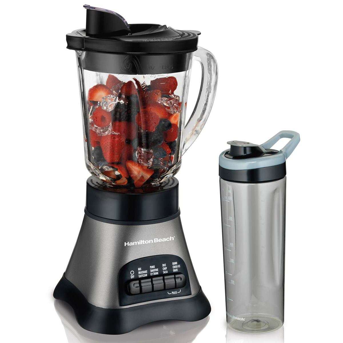 Hamilton Beach Wave Crusher 58161 gray blender base with its glass pitcher and blend-in travel jar