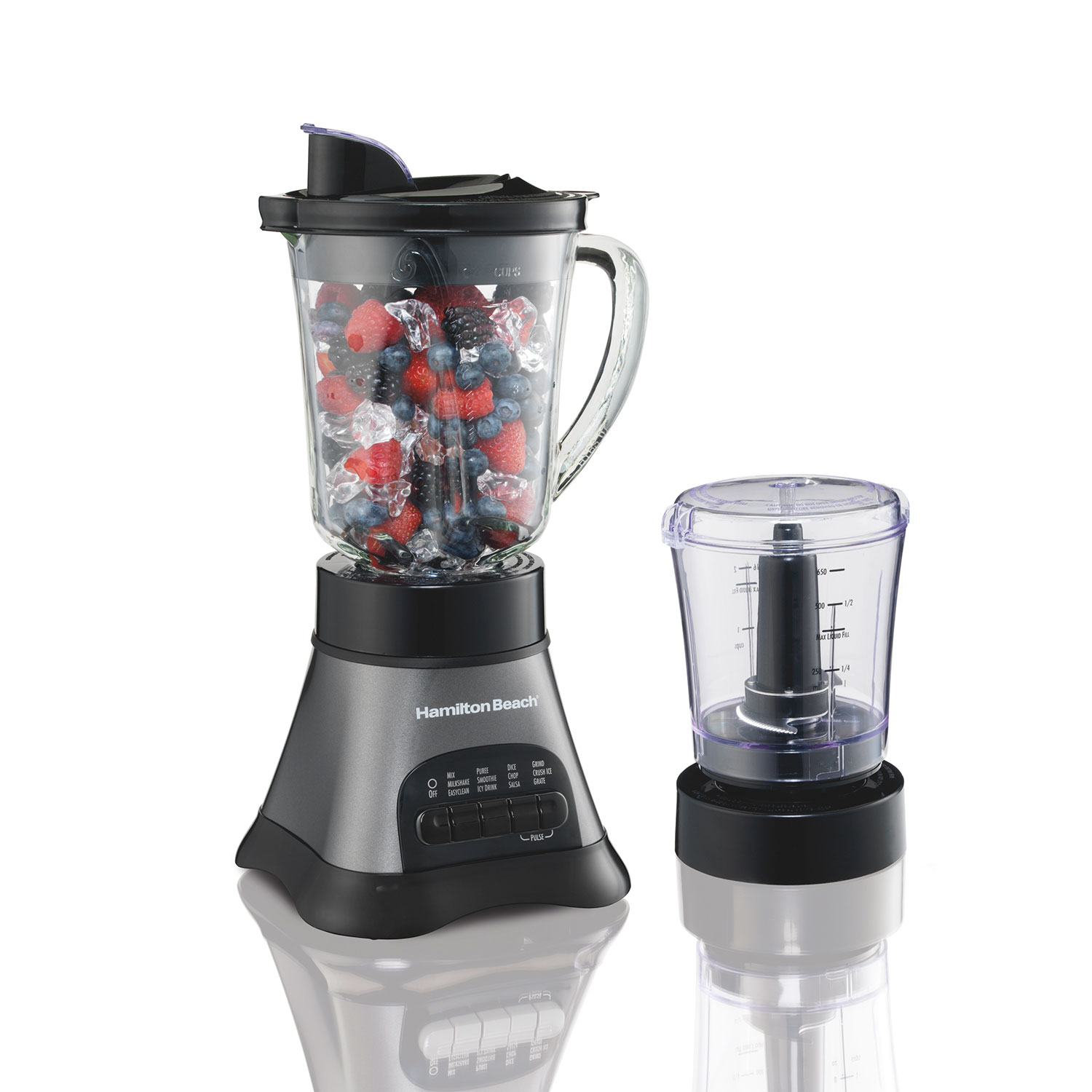 Hamilton Beach Wave Crusher 58164 base with glass pitcher and separate chopper bowl; staged ingredients are not package contents.