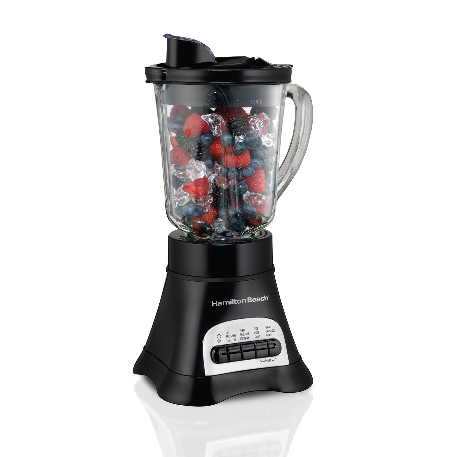 Hamilton Beach Wave Crusher 58165 black base and glass pitcher; the exact 58165F and 58165FG page-linked image URL is the same; staged ingredients are not included.