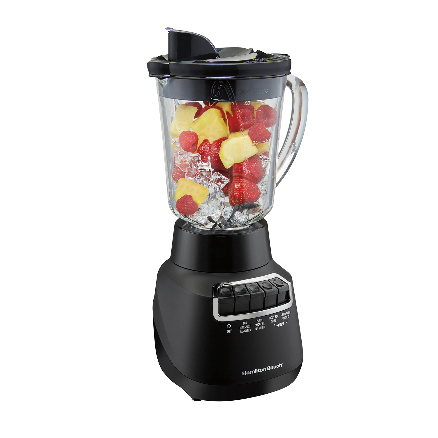 Hamilton Beach Wave Crusher 58185 mit schwarzem Sockel und einem Glaskrug 40-ounce; ein weiteres Gefäß ist nicht abgebildet.