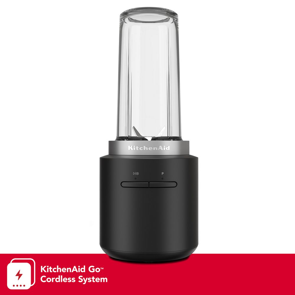 Black Matte KitchenAid Go Cordless Personal Blender with one inverted 16-ounce jar on its base.