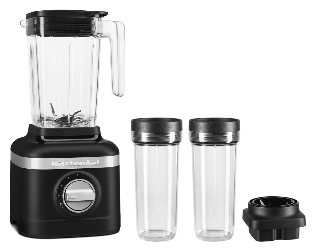 KitchenAid K150 KSB1332 Black Matte blender with the 48-ounce jar, two personal jars, and blade assembly shown.