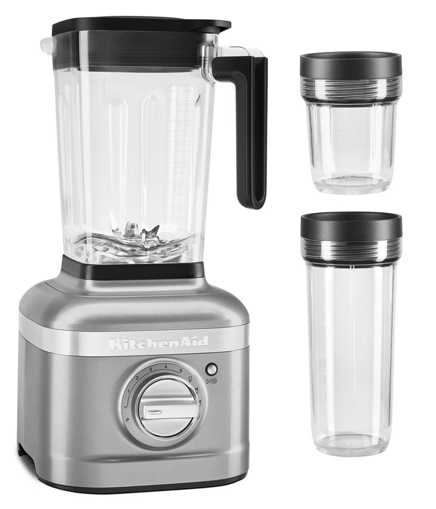 KitchenAid K400 KSB4043 Contour Silver with the included 56-ounce jar and two smaller vessels.