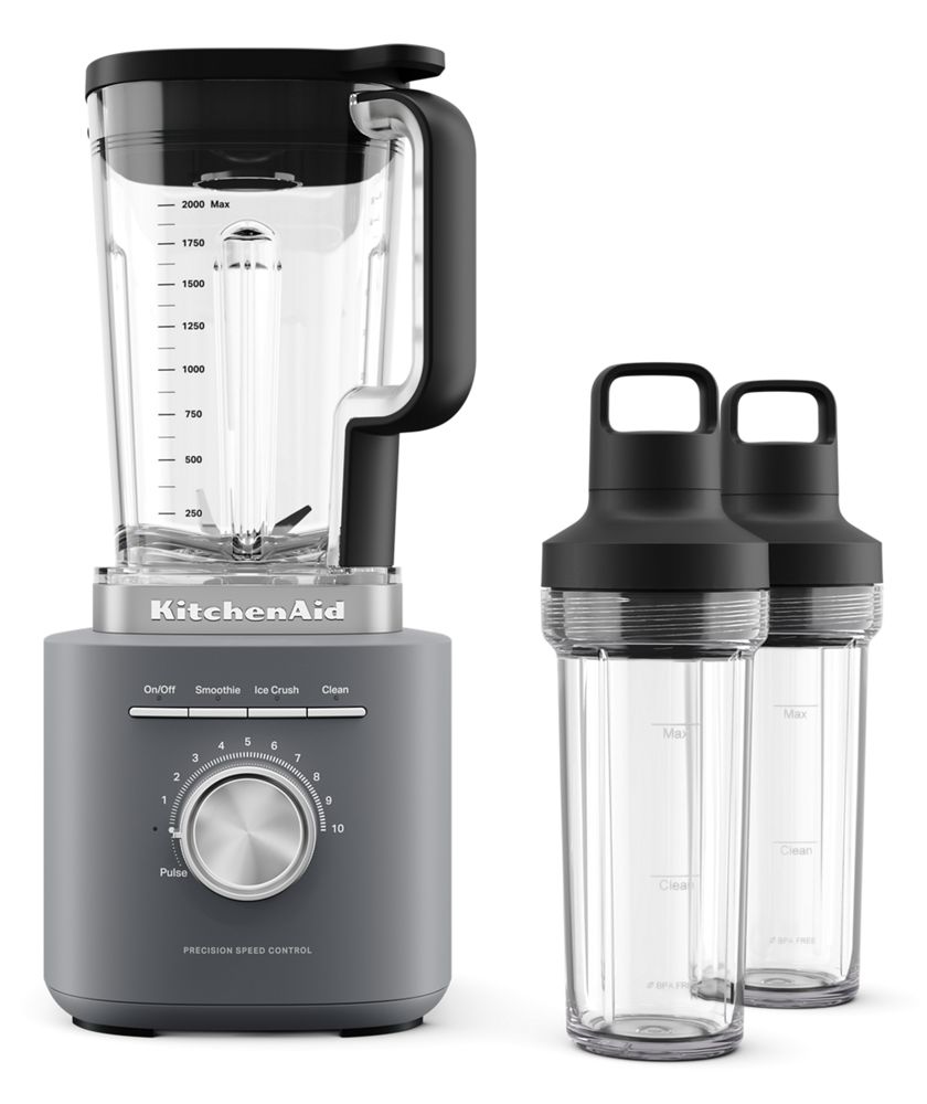 KitchenAid Pure Power KSB2078DG in Matte Charcoal Grey with two personal jars and the 68-ounce main jar.